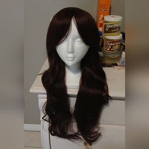 25 Inch Rich Burgundy-Red Wine Colored Hair With Bangs